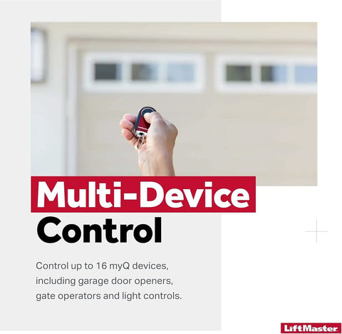 Two Button No Fuss Universal Garage Door Opener Remote For Major Brands With Universal Compatibility Control Up To Two Openers Including Chamberlain Craftsman Genie Linear Stanley Wayne Dalton Gate Opener being used in front of garage.