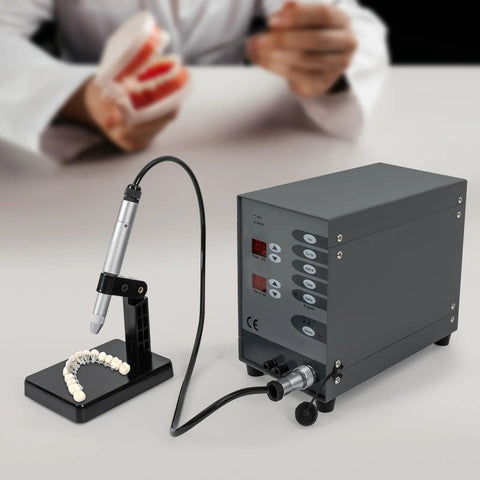 100W Pulse Arc Jewelry Welder Kit For DIY Permanent Jewelry 110V Spot Welding Tool for repairs, with visible aluminum frame and LCDs.