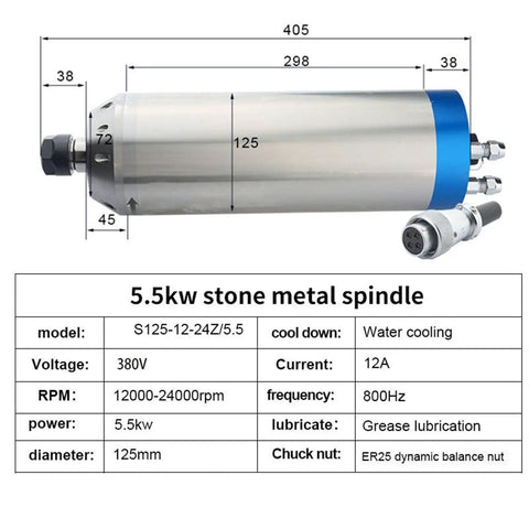 Top Shelf 5.5KW Water Cooled Cnc Spindle Motor 380V 24000Rpm Er25 Chuck, 125mm diameter for stone engraving applications.