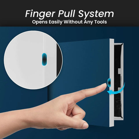 Finger pull system on Built Tough 7x7 Galvanized Steel Drywall Access Panel With Fully Removable Door And Paintable White Finish.