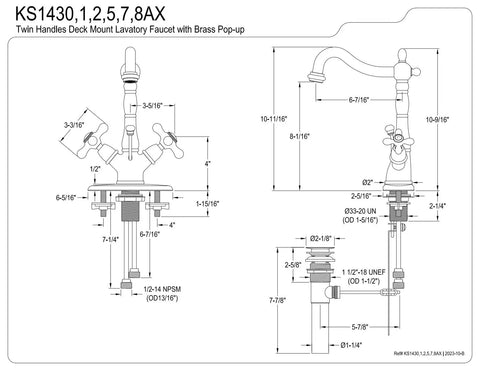 Technical diagram of Heritage Two-Handle Bathroom Faucet in Oil Rubbed Bronze with dimensions and components shown.