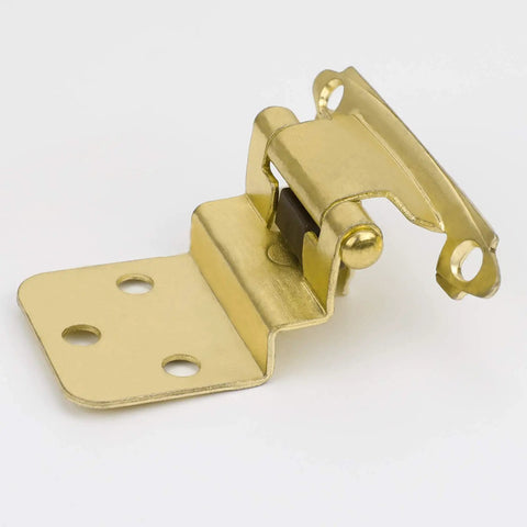 Self Closing Three Eighths Inch Brass Cabinet Hinges For Kitchen Cabinets And Bathroom Cabinets Inset Face Mount Heavy Duty Durable Hardware With Screws Easy To Install Modern Look SCH38BB 24 Hinges Included For Drawer Doors, close-up view of brass hinge.