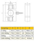 Technical diagram of S Shape Tension And Compression Load Cell with dimensions, for 5 kg to 5 ton Alloy Steel Sensor, IP66 Waterproof.