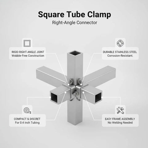 Sturdy Stainless Steel Square Tube Clamp For 0.4 Inch Tubing, 90 Degree Right Angle Frame Connector For Shelving And DIY Projects