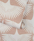 Genevieve Gorder Sahara Blush Feather Flock Peel and Stick Wallpaper Removable Self Adhesive No Glue Needed Pink Bird Pattern for Accent Walls Easy Peel No Mess 20.5 In Wide by 16.5 Ft Long Made in USA showcasing bird motifs on blush background.