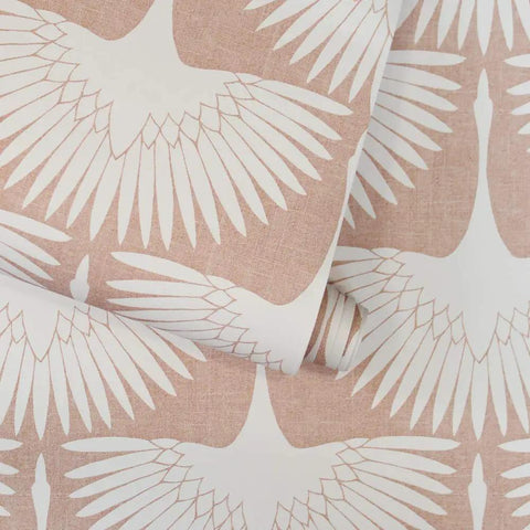 Genevieve Gorder Sahara Blush Feather Flock Peel and Stick Wallpaper Removable Self Adhesive No Glue Needed Pink Bird Pattern for Accent Walls Easy Peel No Mess 20.5 In Wide by 16.5 Ft Long Made in USA showcasing bird motifs on blush background.