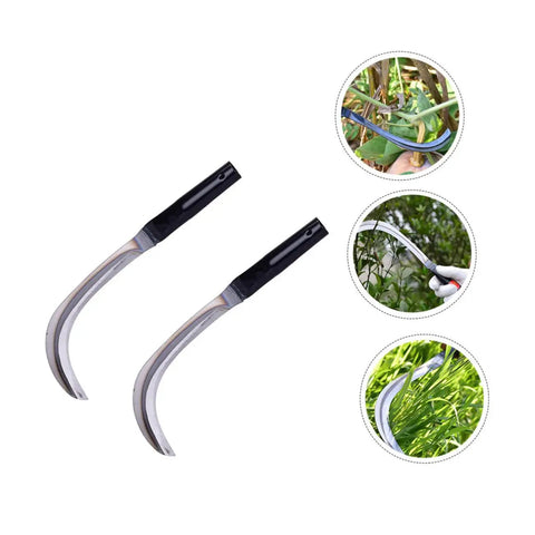Two ergonomic grip weeding and harvesting tool scythes for gardening and lawn care with manganese rustproof blades in use.