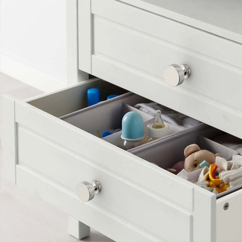 Open drawer with 10 Pack Brushed Satin Nickel Knurled Cabinet Knob, 30mm diameter, on white cabinet.