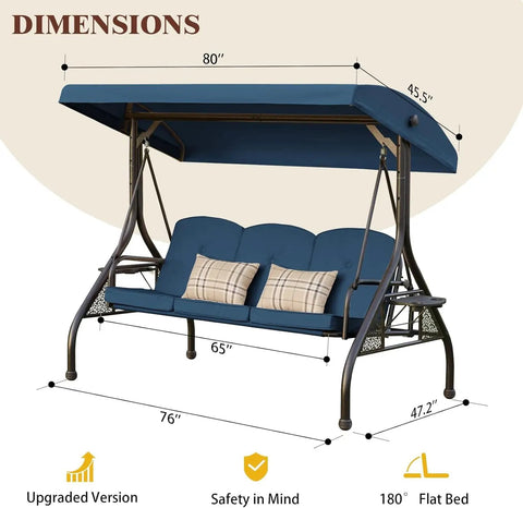 Three-Seat Outdoor Porch Swing With Adjustable Canopy And Stand, 800-Lb Capacity, shown with dimensions and blue frame