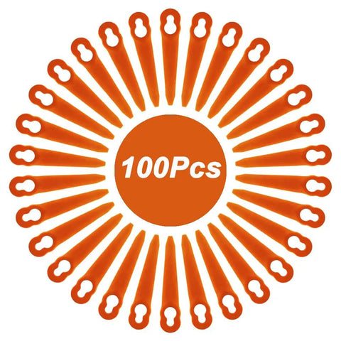 100 Pcs Plastic Replacement Trimmer Blades For STIHL Polycut 2 2 3 2 FSA 45 FSA 57 FSE 52 And Sun Joe 24V GT10 RedBack Swift 40V Grass Trimmer Kit Beefy And Durable PA6 Nylon 90mm Length arranged in a circle