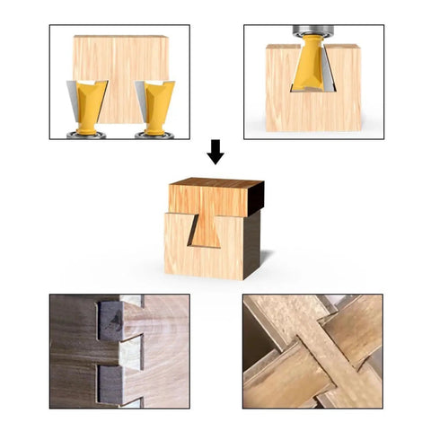 Game Changing Dovetail Router Bit With Precision Stepped Rabbet Design For Slick Woodworking Joints And Snappy Dust Clear Out Heavy Duty Shop Ready Tool showing precise wood joint cuts.