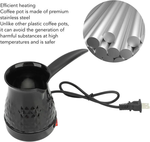 Stainless Steel Turkish Coffee Pot For Home Use 0.5L with 600W heating plate, black textured design, and removable anti-scald handle.
