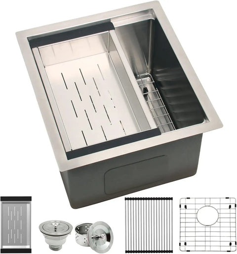 Compact Stainless Steel Undermount Kitchen Sink 15 By 17 Inches, 10 Inch Deep Single Bowl with accessories displayed.