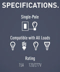 White 15 Amp Rocker Wall Switch Single Pole Decorator Style Light Switch specifications for 120/277V compatibility