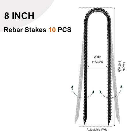 Diagram showing Beefy 8 Inch U Shaped Ground Anchor Stakes, 10 Pack Galvanized Rebar Stakes with dimensions labeled