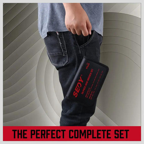 Person holding Beefy 22 Piece Mini Wrench Set With Metric And SAE Sizes From 4 To 10mm And 5 32 Inches To 7 16 Inches pouch