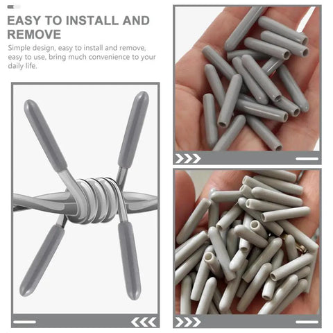 Top Shelf Gray Dishwasher Rack End Caps 50 Pack No Sweat Universal Prong Tip Covers Heavy Duty Plastic shown in hand and on appliance.