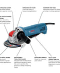 Street Tough 4.5 Inch Angle Grinder Featuring X Lock Tool Free Disc Swap Mount with ergonomic controls and air flow features.