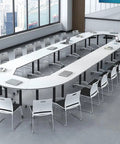 Compact Folding Computer Desk With Handy Built In Drawers And Smooth Riding Casters For Home Offices Training Rooms Or Large Conference Areas Stress Free Setup in a modern training room layout.