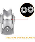 Front view of V Groove Wheel Set Stainless Steel Heavy Duty Wire Rope Pulley Block Sliding Gate Rollers with double bearings.