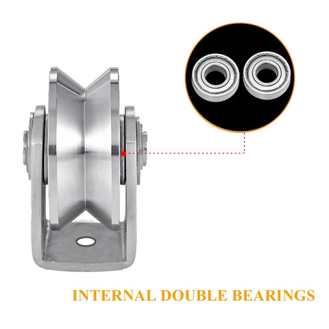 Front view of V Groove Wheel Set Stainless Steel Heavy Duty Wire Rope Pulley Block Sliding Gate Rollers with double bearings.