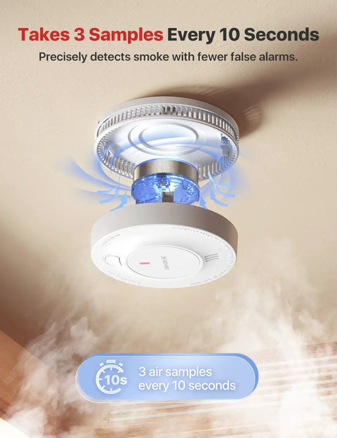 Interconnected Smoke Alarms 21 Pack With 10 Year Sealed Battery And Whole Home Fire Safety That Rings In Sync For Bedrooms And Hallways No Fuss Coverage Built Tough To Last ceiling-mounted smoke alarm showing airflow detection in action.