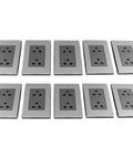 Solid Stainless Steel Wall Outlets Heavy Duty Ten Piece Electrical Sockets For Home And Office, ten polished stainless steel sockets.