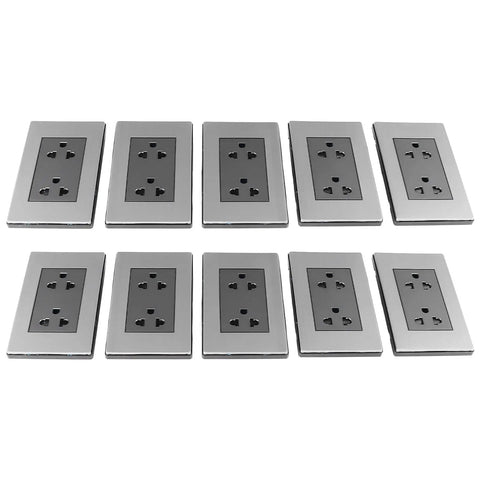 Solid Stainless Steel Wall Outlets Heavy Duty Ten Piece Electrical Sockets For Home And Office, ten polished stainless steel sockets.