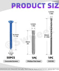 52 Piece Concrete Screw Anchor Kit With Drill Bit And Screwdriver Bit Swpeet Included, 50 Flat Head Concrete Anchors shown with size