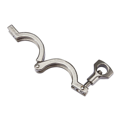 1.5-inch stainless steel butterfly valve with pull handle and TC clamp, side view.