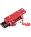 Durable Metal RC Winch For Heavy Duty Electric Crawler Trucks With Nylon Capstan Hook Rope For Rugged Off Road Crawling Adventures. Red metal winch design.