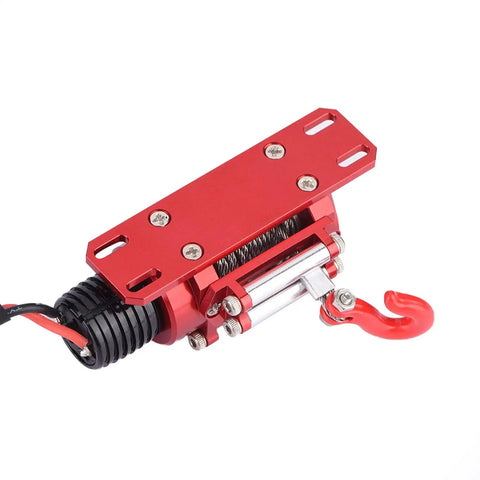Heavy Duty 1 To 10 Scale Electric Winch For RC Crawler Climbing Cars With Metal Build And Precision CNC Machining, red and aluminum design.