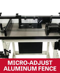 Pro Grade Router Lift With Cast Table Kit Featuring Hella Smooth Above The Table Adjustments Built Like A Tank For Serious Crafters Paired With Heavy Duty Wheels And Modular Fence System with micro-adjust aluminum fence.