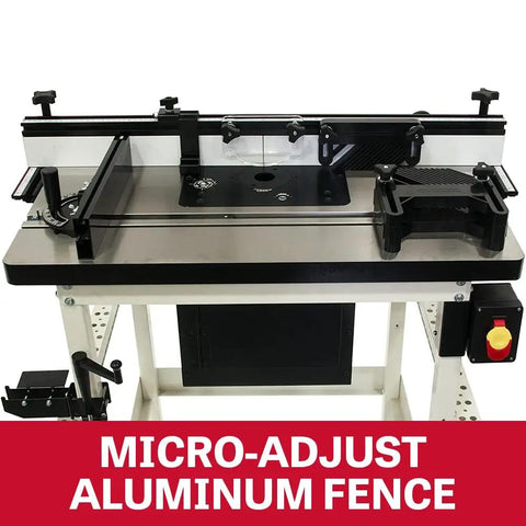Pro Grade Router Lift With Cast Table Kit Featuring Hella Smooth Above The Table Adjustments Built Like A Tank For Serious Crafters Paired With Heavy Duty Wheels And Modular Fence System with micro-adjust aluminum fence.