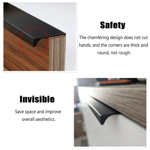 Low Profile Aluminum Edge Pulls Hidden Cabinet Handles with screws, visible on a wooden cabinet edge, chamfered for safety.
