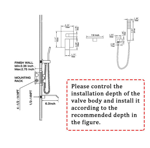 Diagram for Brushed Nickel All Metal Wall Mounted Shower Faucet Set With Waterfall Tub Spout And High Pressure Handheld Spray