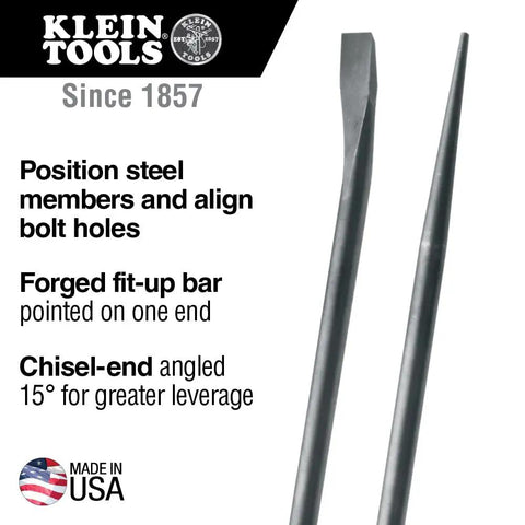 Round Three Quarter Inch Thirty Inch Connecting Bar With Fifteen Degree Angled Chisel End For Easy Alignment Prying And Chiseling Made In USA Sleever Bar shown with pointed chisel end.