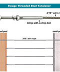 3 16 Inch T316 Stainless Steel Stud Tensioner Cable Railing Hardware Set For Wood And Metal Posts Indoor Outdoor Use Heavy Duty Cable Tighteners 60 Piece Kit Easy Install For Decks Fences And Railing Projects showing installation on wood and metal posts with swage threaded stud tensioner and wire rope.