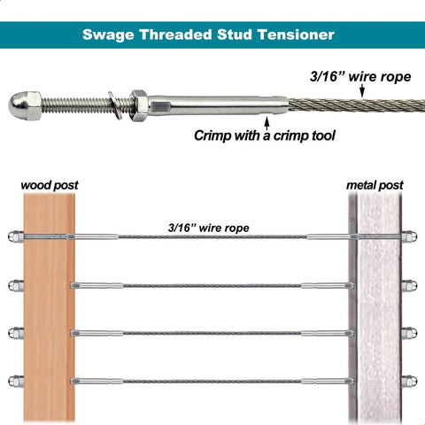 3 16 Inch T316 Stainless Steel Stud Tensioner Cable Railing Hardware Set For Wood And Metal Posts Indoor Outdoor Use Heavy Duty Cable Tighteners 60 Piece Kit Easy Install For Decks Fences And Railing Projects showing installation on wood and metal posts with swage threaded stud tensioner and wire rope.