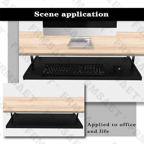 Smooth As Butter Under Desk Keyboard Tray With Heavy Full Extension Slides Wooden Pullout Work Platform For Clearing Desk Clutter Big Upgrade For Streamers Coders And Gamers 30 Inch Black shown in office setup with keyboard and mouse.