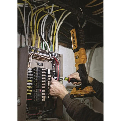 Using 20V Max LED Work Light Bare Tool Only With Pivoting Head No Fuss Setup Three Bright LEDs 1000 Lumens High 300 Lumens Low Rechargeable Jobsite Light For Dark Work Surfaces on electrical panel