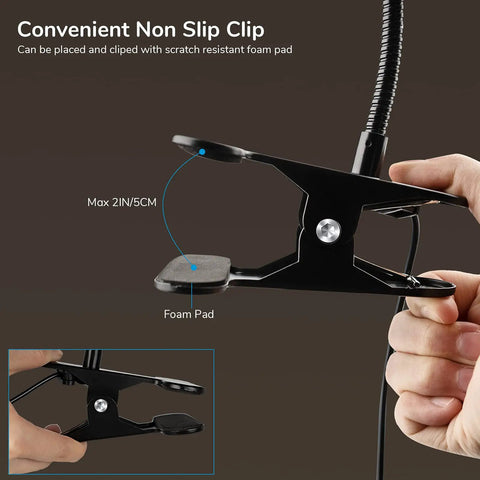 Close-up of non-slip clamp for Clip On Desk Light With 48 LEDs, Ultra Flexible Gooseneck, 360 Degree Adjustable Reading Lamp.