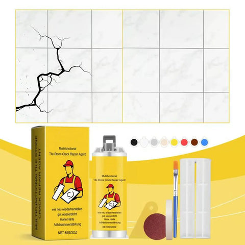 Quick Drying Tile Repair Glue Go To DIY Tool Kit For Cracks And Chips Fixes Tile Stone Porcelain Granite With Fast Set Adhesive Two Pack shown with cracked tiles, glue tube, brush, and accessories.