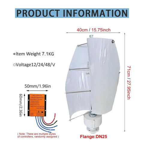 Vertical Axis Wind Turbine Kit 14000W Home Power System with smart controller, dimensions and specs displayed