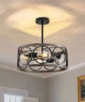 Farmhouse Semi Flush Mount Ceiling Light With Open Drum Frame Modern Dimmable LED Fixture in black and wood grain metal, installed.