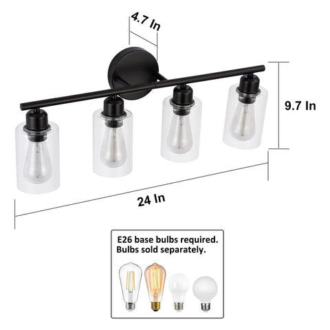4-Light Modern Black Bathroom Vanity Light With Clear Glass Shades, Industrial Farmhouse Vintage Wall Sconce For Bathroom Dressing Table, 24 Inch Long Vanity Lighting Fixture dimensions and bulb types shown.
