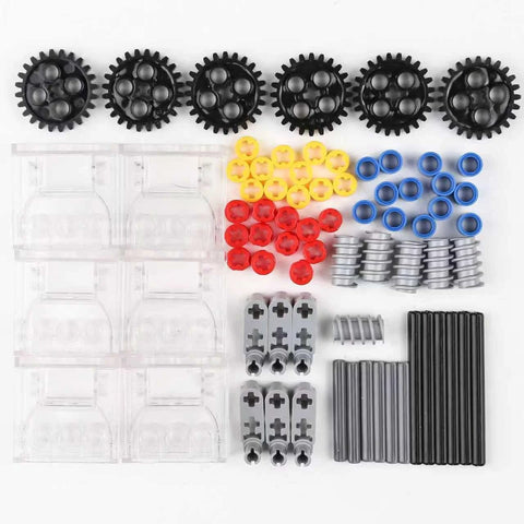 SEEMEY 5-set gearbox parts kit with transparent housings, black gears, yellow, red and blue spacers, and rods.