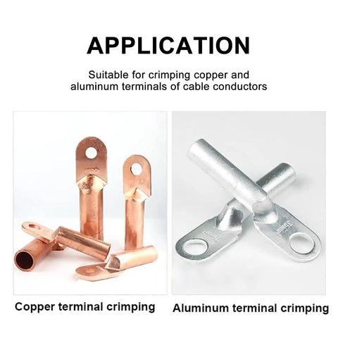 Image showing copper and aluminum terminals for Heavy Duty 2200W Electric Hydraulic Crimper Boasting Automatic Cable Terminal Crimping Muscle Tailored For Hard Hats And Pro Crews Seeking Knockout Wire Termination Reliability.