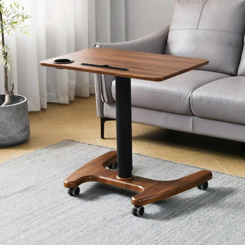 Smooth Operator Pneumatic Rolling Standing Desk With Pro Grade Swivel Casters For Home Office Laptop Workstation Quick Height Flex deep wood grain finish top with cup holder.