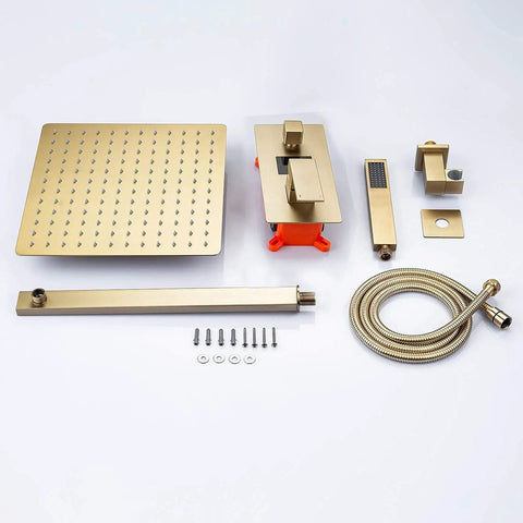 Top Shelf Slick Brushed Gold Rain Shower System With A Sharp Digital Display And Effortless Single Lever Valve hardware set including eight inch head.